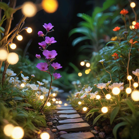flower plant in the night garden. New Year light decoration. shallow focus. beauty closeup background. bloom fairy concept. abstract glowing wallpaper. celebration event light. colourful environmentの素材