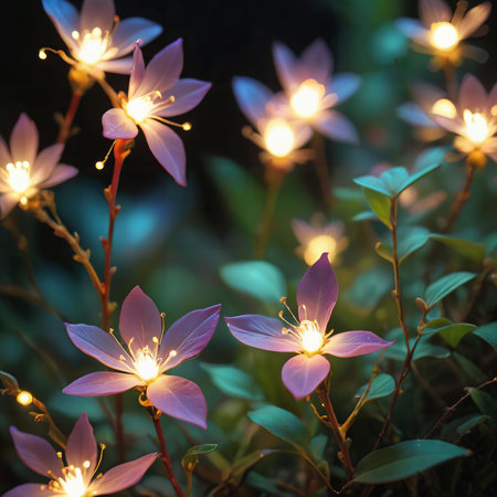flower plant in the night garden. New Year light decoration. shallow focus. beauty closeup background. bloom fairy concept. abstract glowing wallpaper. celebration event light. colourful environmentの素材