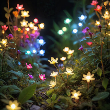 flower plant in the night garden. New Year light decoration. shallow focus. beauty closeup background. bloom fairy concept. abstract glowing wallpaper. celebration event light. colourful environmentの素材
