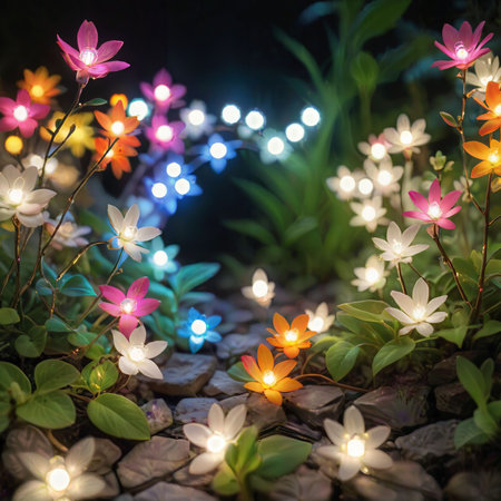 flower plant in the night garden. New Year light decoration. shallow focus. beauty closeup background. bloom fairy concept. abstract glowing wallpaper. celebration event light. colourful environmentの素材