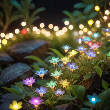 flower plant in the night garden. New Year light decoration. shallow focus. beauty closeup background. bloom fairy concept. abstract glowing wallpaper. celebration event light. colourful environmentの素材