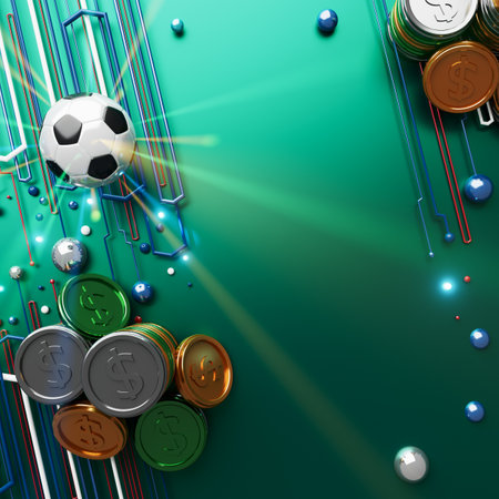 football with money coin concept. casino soccer game. bet gambling 3D render. 3D illustration. sports background. realistic design. copy space. online game gamble. abstract object. futuristic imageの写真素材