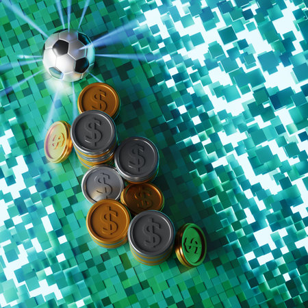 football with money coin concept. casino soccer game. bet gambling 3D render. 3D illustration....