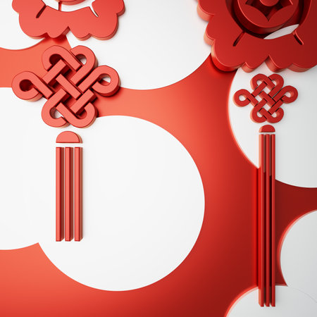 Chinese New Year background. 3D illustration. 3D rendering. red colour design. traditional concept image. object design graphic element. celebrate geometry shape. modern festive digital image holidayの写真素材