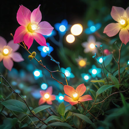 flower plant in the night garden. New Year light decoration. shallow focus. beauty closeup background. bloom fairy concept. abstract glowing wallpaper. celebration event light. colourful environmentの素材