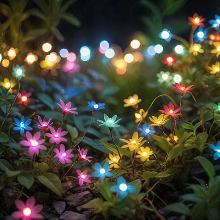 flower plant in the night garden. New Year light decoration. shallow focus. beauty closeup background. bloom fairy concept. abstract glowing wallpaper. celebration event light. colourful environmentの素材