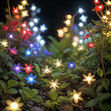 flower plant in the night garden. New Year light decoration. shallow focus. beauty closeup background. bloom fairy concept. abstract glowing wallpaper. celebration event light. colourful environmentの素材