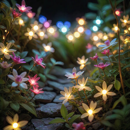 flower plant in the night garden. New Year light decoration. shallow focus. beauty closeup background. bloom fairy concept. abstract glowing wallpaper. celebration event light. colourful environmentの素材