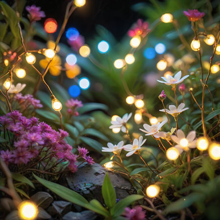 flower plant in the night garden. New Year light decoration. shallow focus. beauty closeup background. bloom fairy concept. abstract glowing wallpaper. celebration event light. colourful environmentの素材