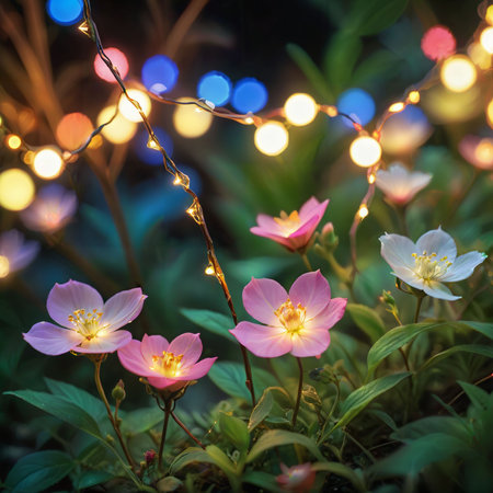 flower plant in the night garden. New Year light decoration. shallow focus. beauty closeup background. bloom fairy concept. abstract glowing wallpaper. celebration event light. colourful environmentの素材
