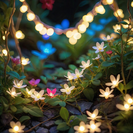 flower plant in the night garden. New Year light decoration. shallow focus. beauty closeup background. bloom fairy concept. abstract glowing wallpaper. celebration event light. colourful environmentの素材