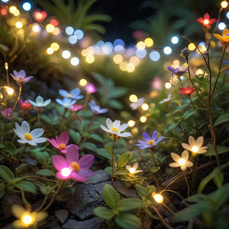 flower plant in the night garden. New Year light decoration. shallow focus. beauty closeup background. bloom fairy concept. abstract glowing wallpaper. celebration event light. colourful environmentの素材
