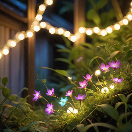 flower plant in the night garden. New Year light decoration. shallow focus. beauty closeup background. bloom fairy concept. abstract glowing wallpaper. celebration event light. colourful environmentの素材