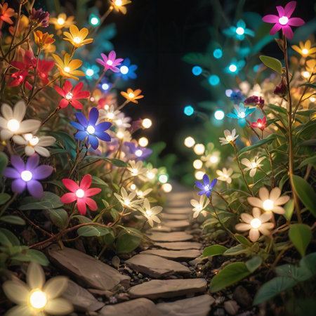 flower plant in the night garden. New Year light decoration. shallow focus. beauty closeup background. bloom fairy concept. abstract glowing wallpaper. celebration event light. colourful environmentの素材