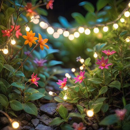 flower plant in the night garden. New Year light decoration. shallow focus. beauty closeup background. bloom fairy concept. abstract glowing wallpaper. celebration event light. colourful environmentの素材