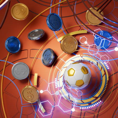 football with money coin concept. casino soccer game. bet gambling 3D render. 3D illustration. sports background. realistic design. copy space. online game gamble. abstract object. futuristic imageの写真素材