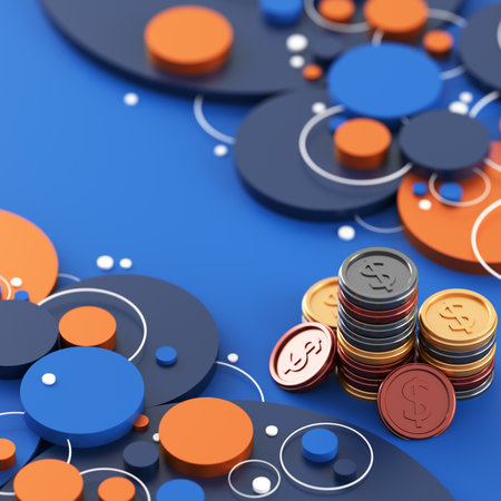 business technology digital 3D concept. coin money design. 3D illustration. finance commerce economy saving. abstract background connection. network trading transaction market futuristic infographic.の写真素材