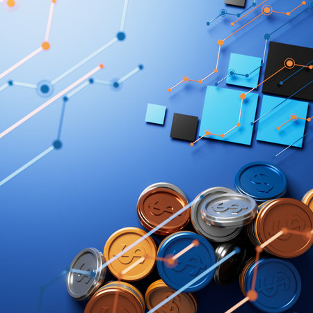 business technology digital 3D concept. coin money design. 3D illustration. finance commerce economy saving. abstract background connection. network trading transaction market futuristic infographic.の写真素材