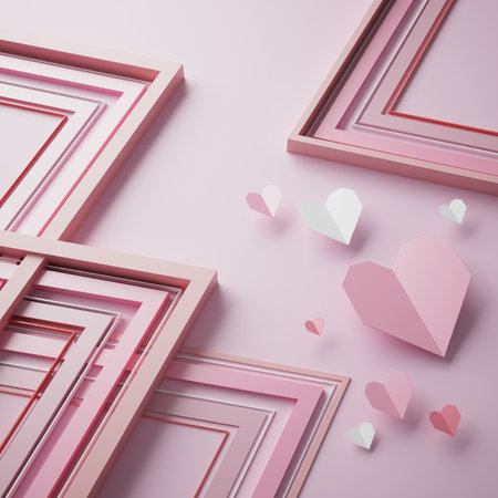 valentine day 3D illustration. red design background. celebration decoration love art. happy colour ideas. invitation card. pastel greeting holiday. cute heart gift craft. romantic abstract emotion.の写真素材