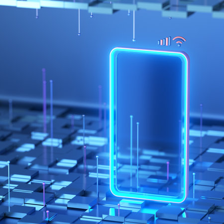 smartphone 3D illustration. abstract background. 3D rendering image. object geometry design. digital technology concept. smart mobile phone border. display stage online advertising. network media appの写真素材