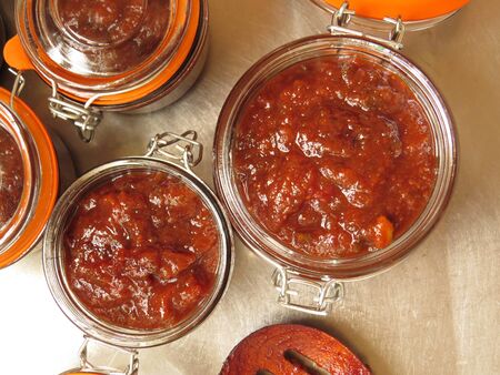 jars of home preserves - feijoa fruit chutneyの写真素材