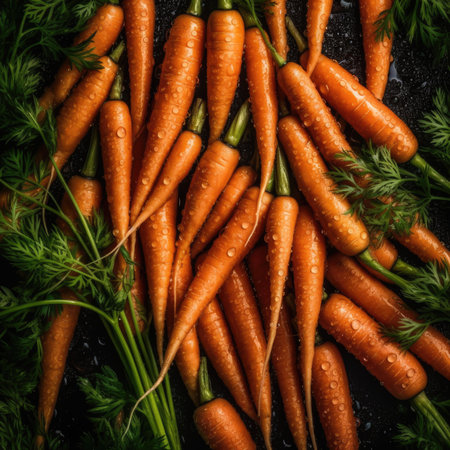 Bunch of fresh carrots with green tops on black background, top viewの素材