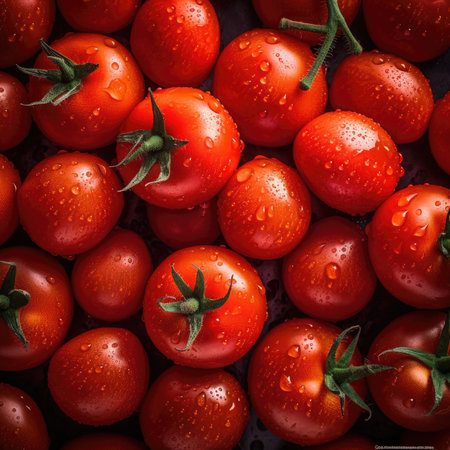 Cherry tomatoes with drops of water on a dark stone background.の素材
