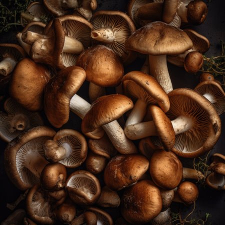 A lot of fresh mushrooms on a dark background. Toned.の素材