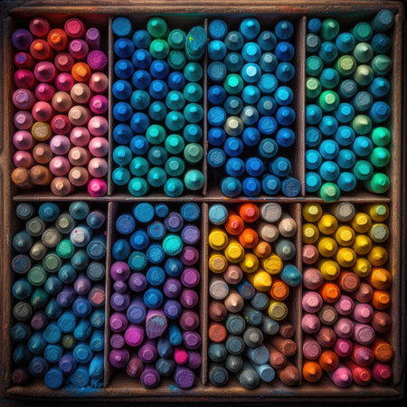 Colorful crayons in a wooden box. Toned. seamless background patternの素材