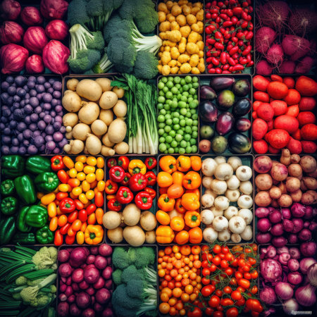 Variety of fresh vegetables and fruits as background, top view. seamless background patternの素材
