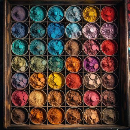 Colorful holi powder in a wooden box. selective focus. seamless background patternの素材