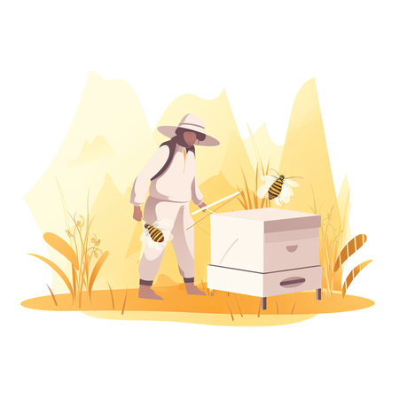 beekeeper with apiary. Vector illustration in flat style. Beekeeper in protective suit.の素材
