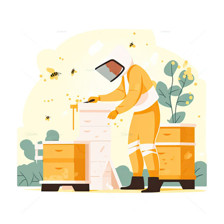 Beekeeper working in apiary. Vector illustration in flat style.の素材