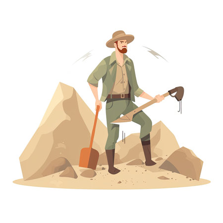 Fisherman with a shovel in the desert. vector illustration.の素材
