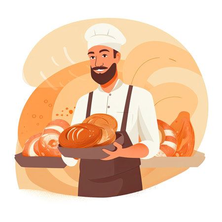 Baker holding a tray with fresh bread. vector illustration in cartoon styleの素材