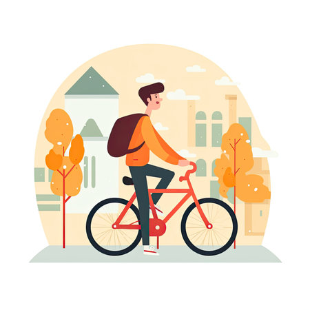 Young man riding a bicycle in the city. Flat vector illustration.の素材