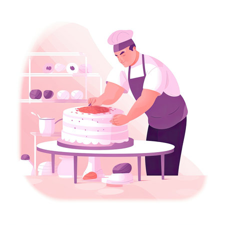 cake shop. Cartoon vector illustration of a pastry chef preparing a cakeの素材
