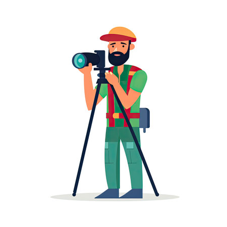 Photographer with camera on tripod. Vector illustration in flat style.の素材