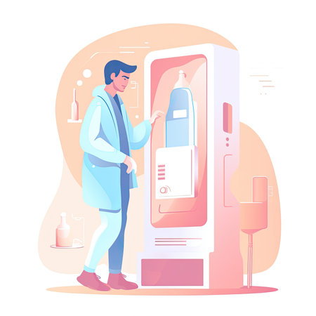 Vector flat cartoon illustration of man in medical gown standing near automatic teller machine.の素材