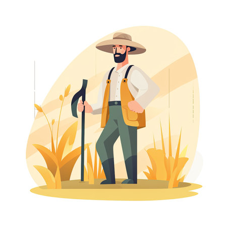 Farmer with shovel. Flat vector illustration of agronomist.の素材