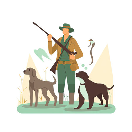 Hunter with a gun and a dog. Vector illustration in flat styleの素材