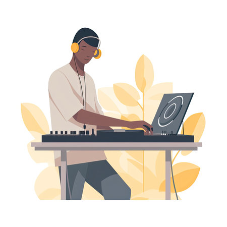 Young african-american dj playing music at his workplace, flat vector illustration.の素材