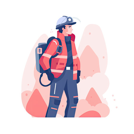 Firefighter in uniform and helmet. Vector illustration in flat style.の素材