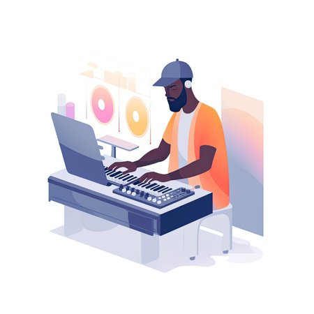 Musician playing on synthesizer. Isometric 3d vector illustration.の素材