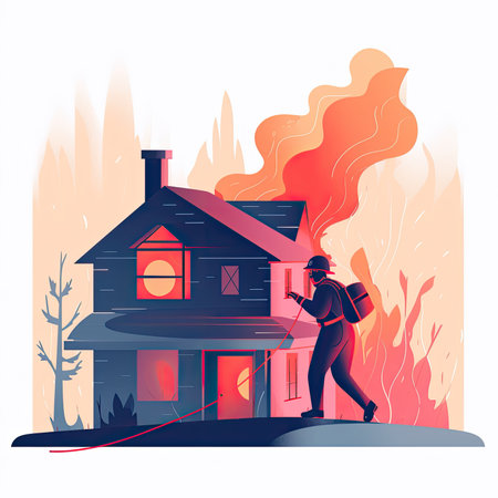 Vector illustration of a man in a protective mask and gloves walks along the path between the burning houses.の素材