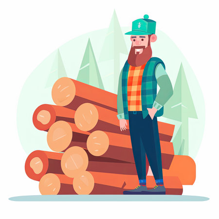 Bearded lumberjack standing near a pile of logs. vector illustration.の素材