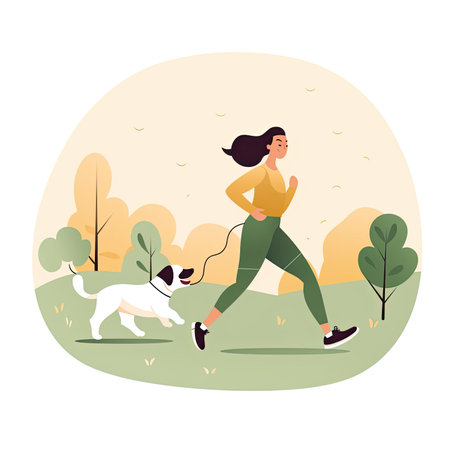Woman jogging with her dog in the park. Flat vector illustration.の素材