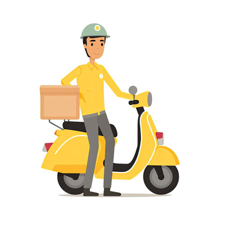 Delivery man on scooter with cardboard box. Flat vector illustration.の素材