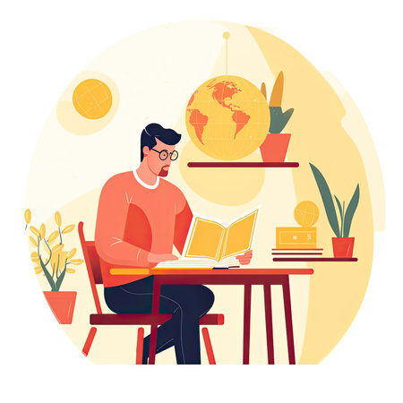 Man studying at home, sitting at the table and reading a book. Flat vector illustration.の素材