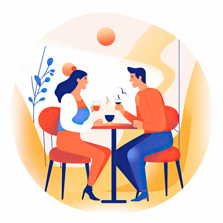 Couple in love sitting at a table in a cafe. Vector illustration in a flat style.の素材